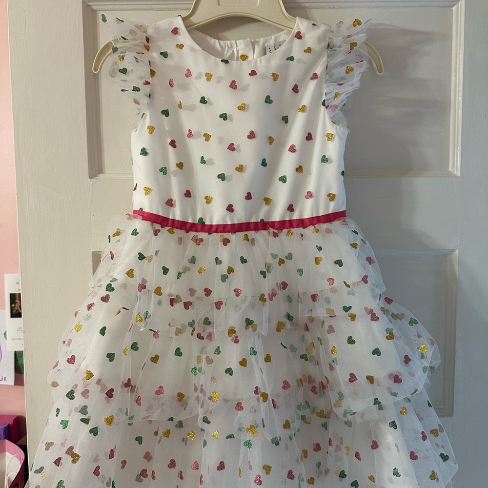 Janie and Jack White Dress with Gold and Pink Hearts